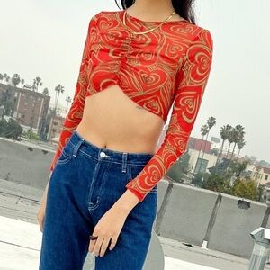 NWT Lisa Says Gah Eleanor Mesh Long Sleeve Ruched Crop Top Wild Hearts Red